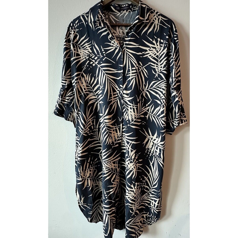 M&S Collection Tropical Palm Print Shirt Dress Coastal Beach Vacation Wear XL